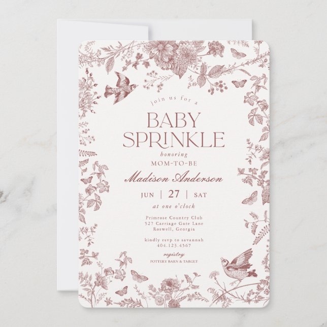 Burgunder Toile De Jouy Fransk Blommig Bebis Strös Inbjudningar (Framsida)