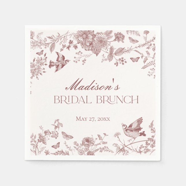 Burgunder Toile Jouy Vintage Blommig Bröllopsbrunc Pappersservett (Framsidan)