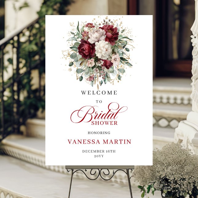 Burgunder Vattenfärg Blommig Bröllopsfest Välkomme Poster (Burgundy Watercolor Floral Bridal Shower Welcome)