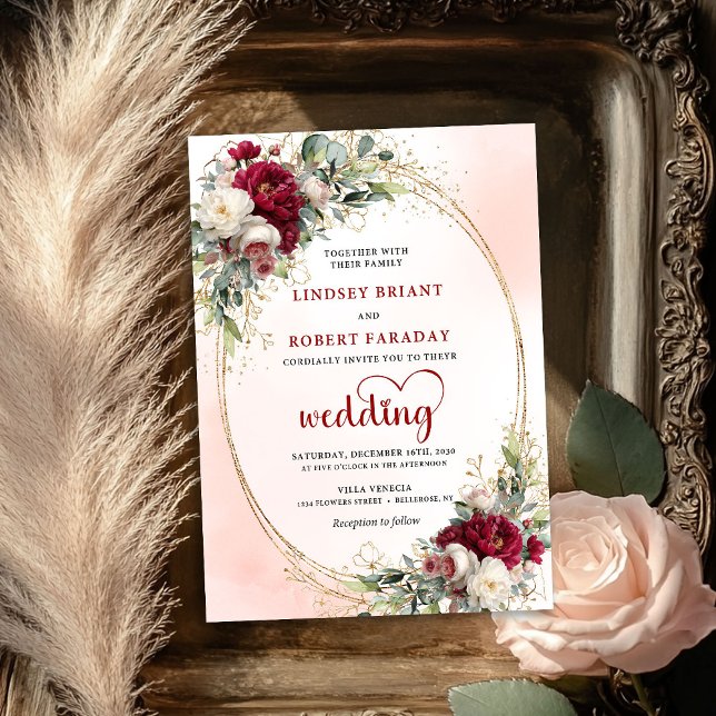 Burgunder Vattenfärg Blommig Guld Bröllopsinbjudan Inbjudningar (Burgundy Watercolor Floral Gold Wedding Invitation)