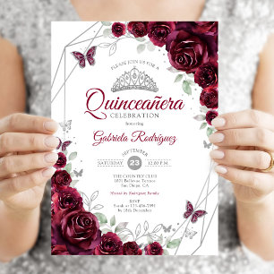 Burgunder Vattenfärg Blommig Quinceanera Inbjudningar