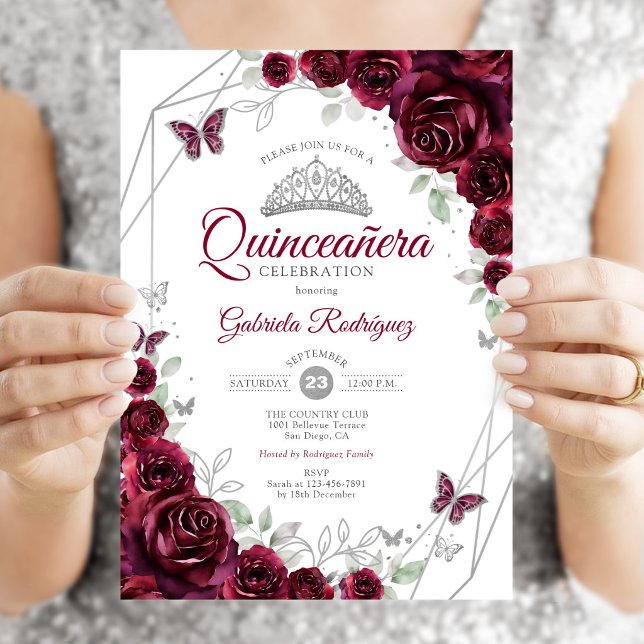 Burgunder Vattenfärg Blommig Quinceanera Inbjudningar (Skapare uppladdad)