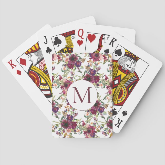 Burgunder vattenfärg blomster monogram initial casinokort (Baksidan)