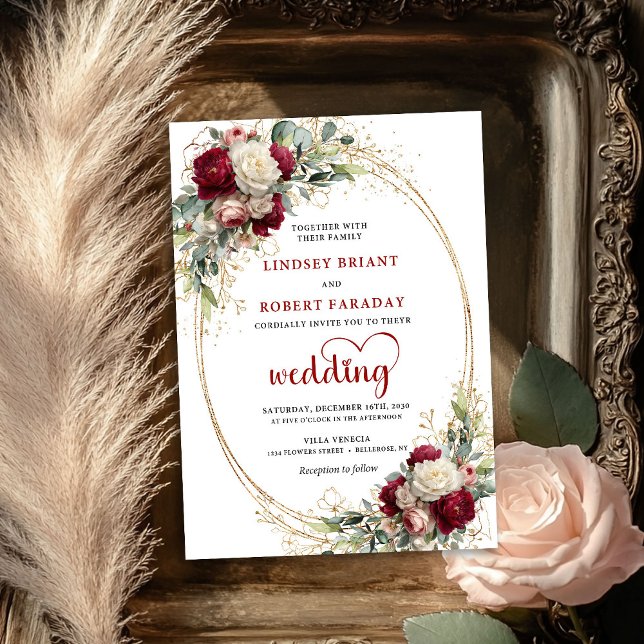 Burgunder Vattenfärg Boho Blommig Bröllopsinbjudan Inbjudningar (Burgundy Watercolor Boho Floral Wedding Invitation)