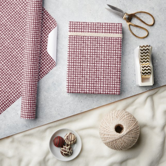 Burgunder Vattenfärg Gingham Presentpapper (Hantverk)