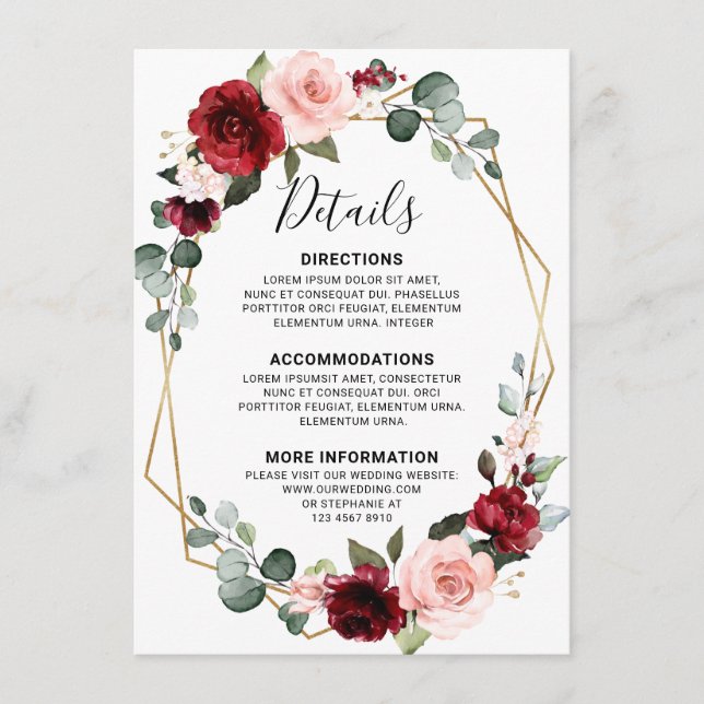 Burgunder vin dammig blå skiffer bröllopsdetaljer tilläggskort (Framsida)