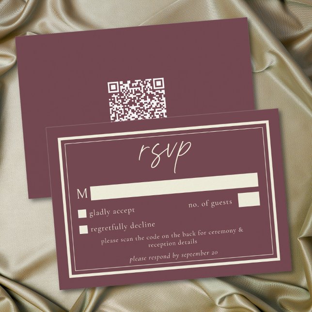 Burgunder Vin Minimalist Ram Bröllops QR-kod OSA Kort (Burgundy Wine Minimalist Frame Wedding QR Code RSVP Card)