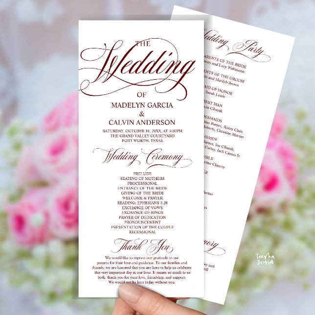 Burgunder Vin Röd Modernt Skript Allt-i-ett Bröllo Program (Modern Script All In One Wedding Program Card in Burgundy Wine Red)