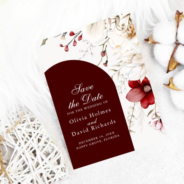 Burgunder Vinter Elegans Rädda Datum Kort (Dark Burgundy floral Save the Date Card on white cozy background)