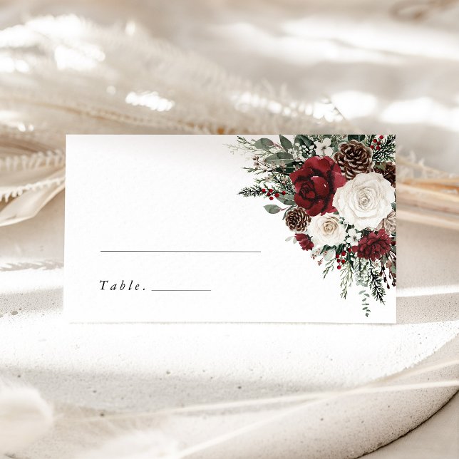 Burgunder Vinterblommig Bröllop Namnskylt Placeringskort (burgundy floral winter wedding place card, elegant holiday escort card reception table decor)