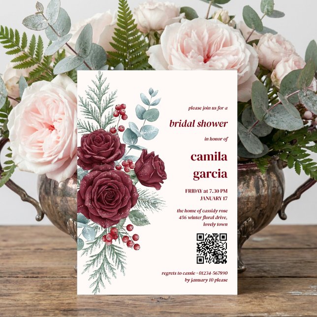 Burgunder Vinterros Botanisk Bröllopsfest Inbjudningar (Winter bridal shower invitation with burgundy roses and frosted eucalyptus by Darling & May)