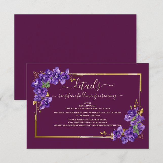 Burgunder Violett Blommig Guld Ram Elegant Bröllop Tilläggskort (Fram/baksida)