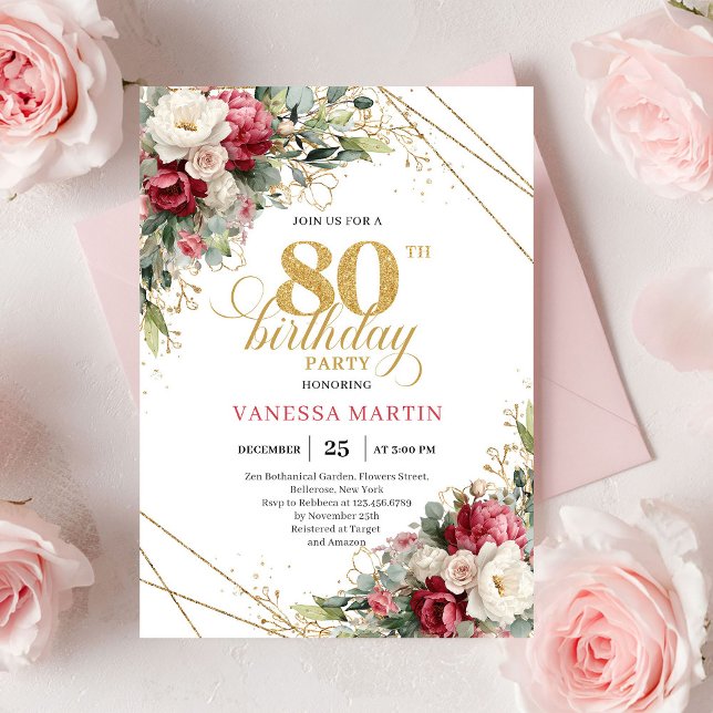Burgunder vit blomster grönska stil 80-årsdag inbjudningar (Burgundy white floral greenery style 80th birthday invitation

)