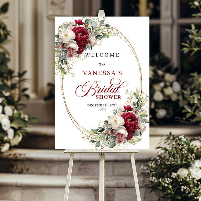 Burgunder vit blomster guld grönska bröllopsdusch poster (Burgundy white floral gold greenery bridal shower welcome

)