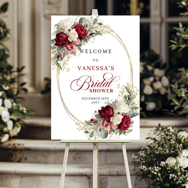 Burgunder vit blomster- guld kant bröllopsfest poster (Burgundy white floral gold border bridal shower sign

)