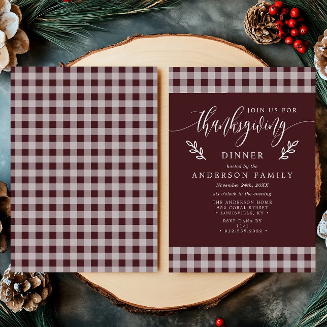 Burgunder & Vit Buffelkontroll Thanksgiving-middag Inbjudningar (Skapare uppladdad)