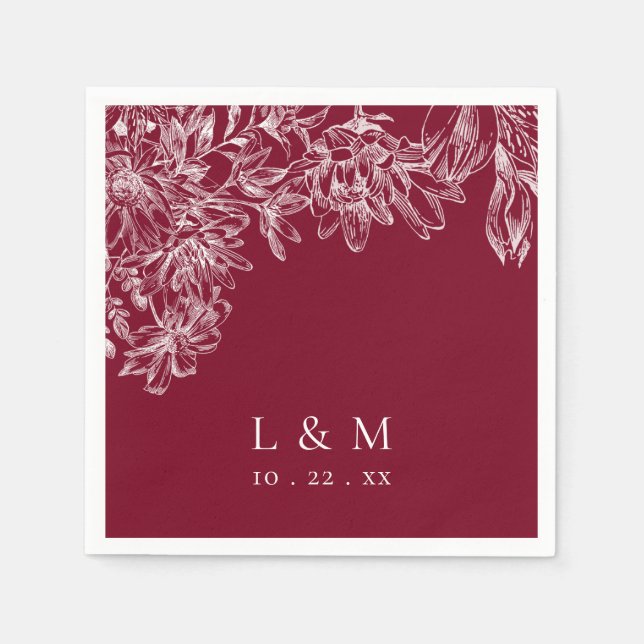Burgunder vita monogram blomsterbröllop servetter (Framsidan)