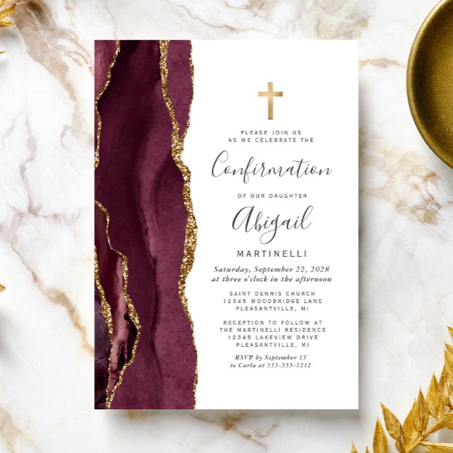 Burgunderagat Guld Glitter Konfirmation Inbjudningar (Skapare uppladdad)