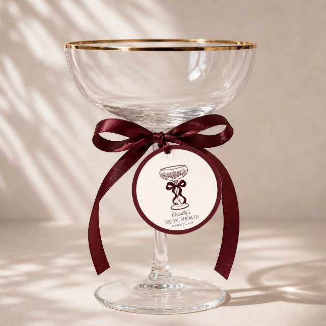 Burgunderbåge Bröllopsbrunch Förmånsetikett Gåvor Etiketter (Burgundy Bow Bubbly Bridal Shower Circle Favor Tag)