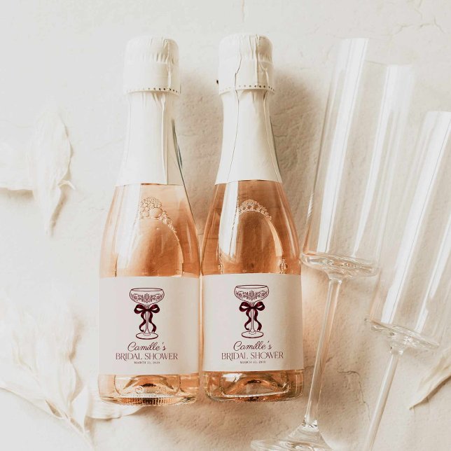 Burgunderbåge Bröllopsdusch Mini Champagne-etikett (Burgundy Bow Champagne Mini Bottle Favor Labels)