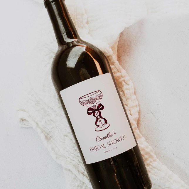 Burgunderbåge Bröllopsfest Etikett för Vin (Brunch and Bubbly Burgundy Bow Wine Label)