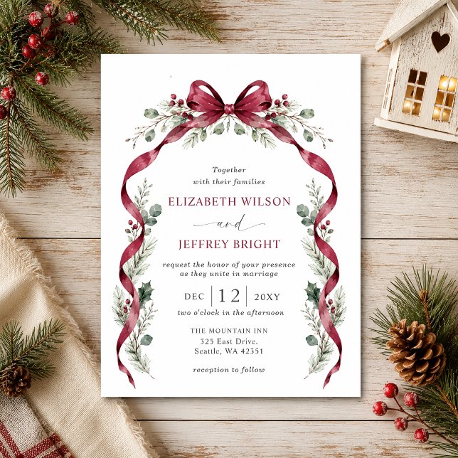 Burgunderbåge Girlang Vinter Jul Bröllop Inbjudningar (Burgundy Bow Garland Winter Christmas Wedding Invitation)