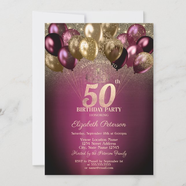 Burgunderballonger Glitter 50-årsdag Inbjudningar (Framsida)