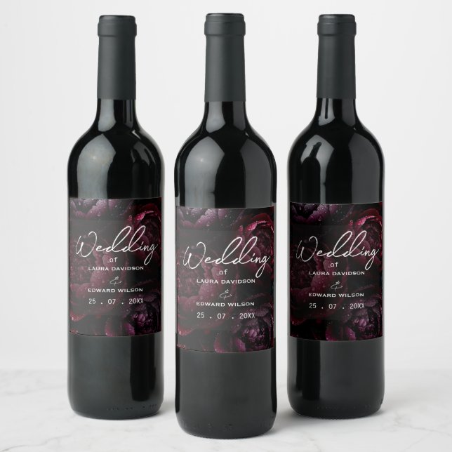 burgunderblommig bröllopsdesign med rik vin vinflaska etikett (Flaskor)