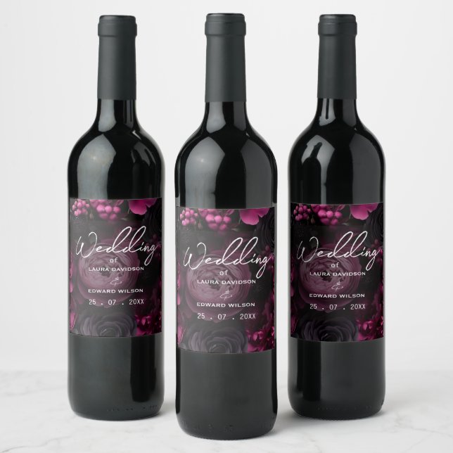 burgunderblommig bröllopsdesign med rik vin vinflaska etikett (Flaskor)