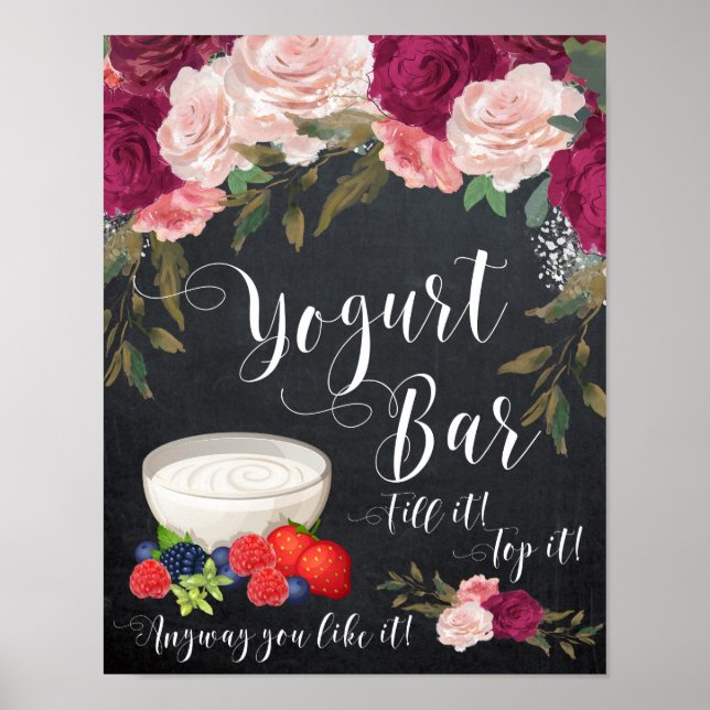 burgunderblommig yoghurtbarskylt kritskriftsbröllo poster (Framsidan)