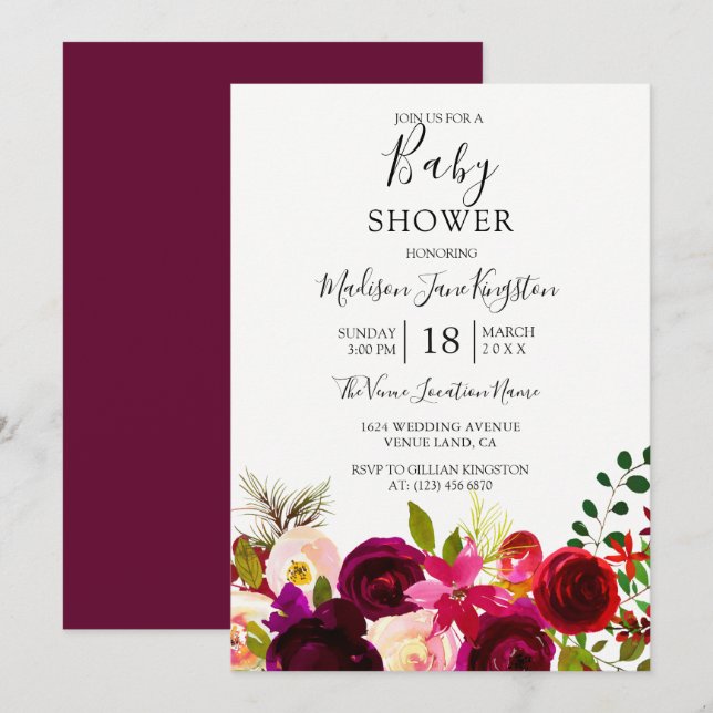 Burgunderblommor Blommig Boho Baby Shower Inbjudningar (Fram/baksida)