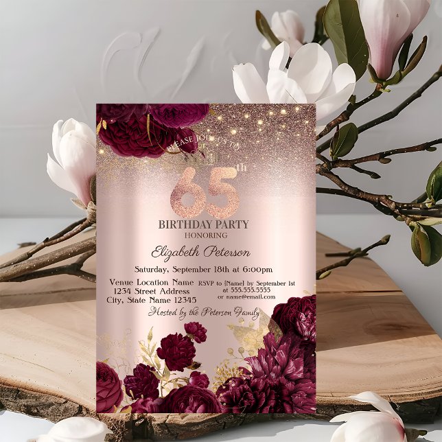 Burgunderblommor Glitter Roséguld 65-årsdag   Inbjudningar (Skapare uppladdad)