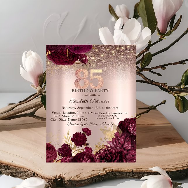 Burgunderblommor Glitter Roséguld 85-årsdag Inbjudningar (Skapare uppladdad)