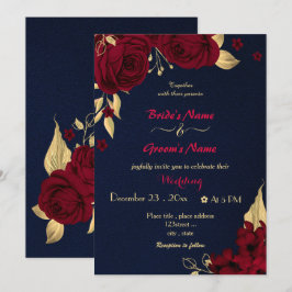 burgunderblommor guld marinblå bröllop inbjudningar