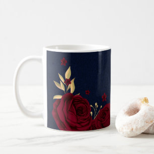 burgunderblommor guldblad marinblå kaffemugg