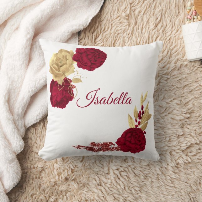 burgunderblommor & guldblad vita kudde (Filt)