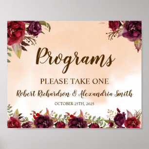 Burgunderblommor Program Bröllopsceremoni Skylt