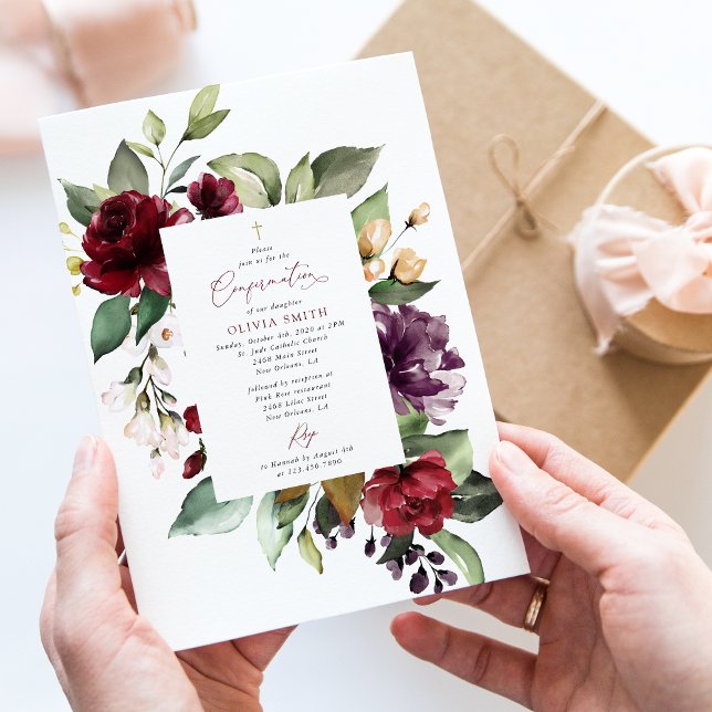 Burgunderblommor, Rosa blommor, Boho, Konfirmation Inbjudningar (Skapare uppladdad)