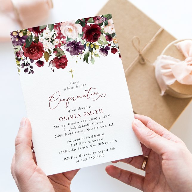 Burgunderblommor, Rosa blommor, Boho, Konfirmation Inbjudningar (Skapare uppladdad)
