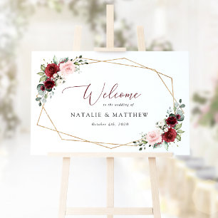 Burgunderblommor, Rosa blommor, Bröllop Välkommen Poster
