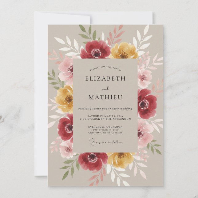 Burgunderblomning Eterisk Bröllop Inbjudningar (Framsida)