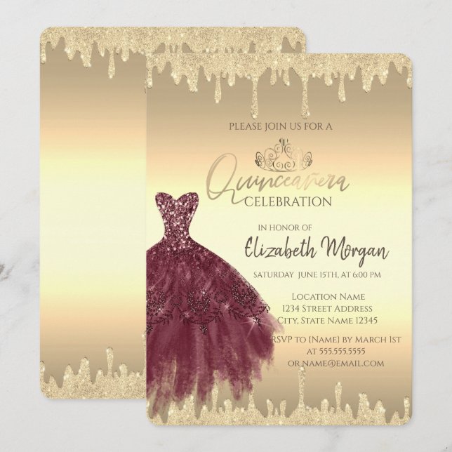 Burgunderdräkt, glitterdroppar Guld Quinceañera  Inbjudningar (Fram/baksida)