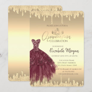 Burgunderdräkt, glitterdroppar Guld Quinceañera Inbjudningar