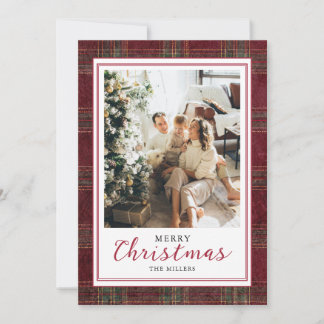 Burgundergrön Tartan-rutig julfamilj Julkort