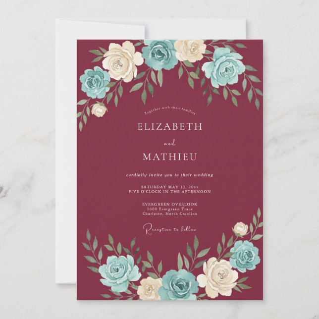 Burgunderkrans Bröllopsblommor Inbjudningar (Framsida)
