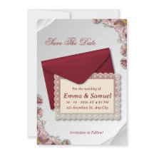 Burgunderkuvert & White Lace Blommig Save the Date