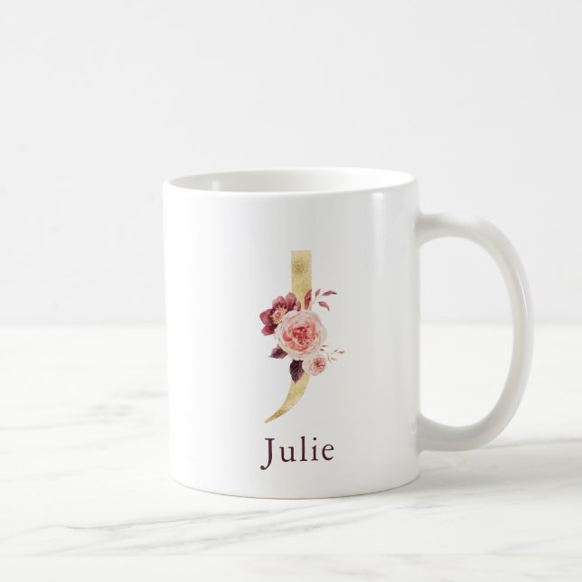 Burgundernamn och rosa blomster monogram bokstav J Kaffemugg (Höger)