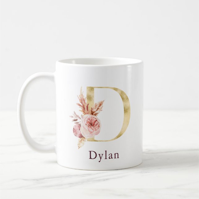 Burgundernamn och rosa blomster monogram bokstaven kaffemugg (Vänster)