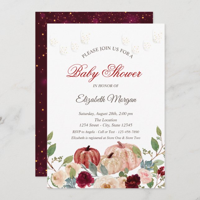 Burgunderpumpa,Ljus,Blommig Baby Shower Inbjudningar (Fram/baksida)