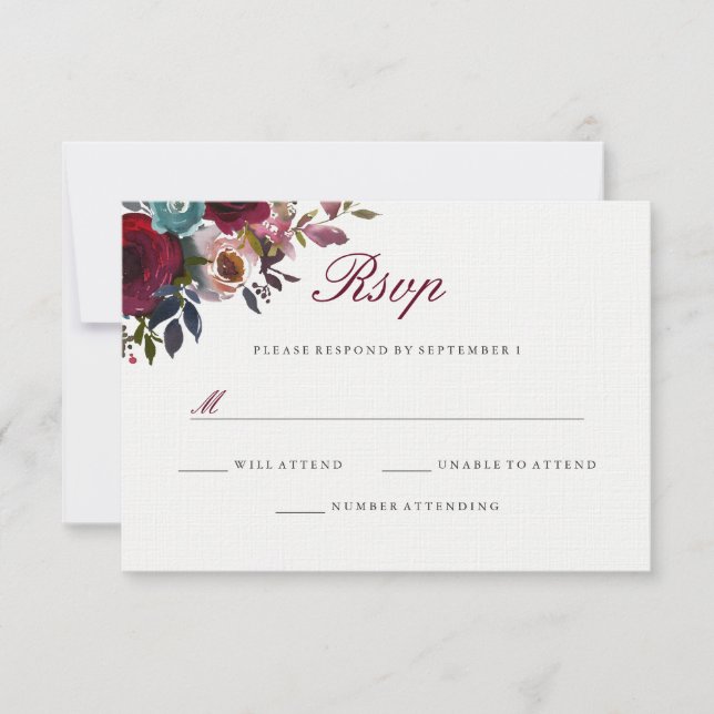 Burgunderröd akvarellblomma bröllop RSVP OSA Kort (Framsida)